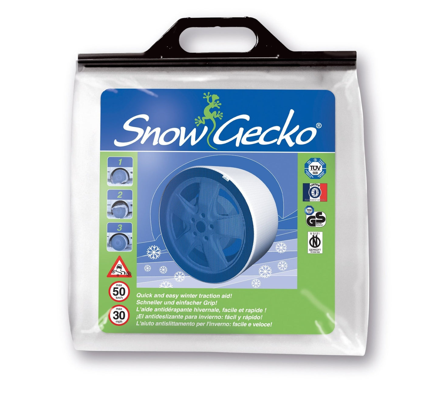 Frontside of SnowGecko Medium product packaging (bag)