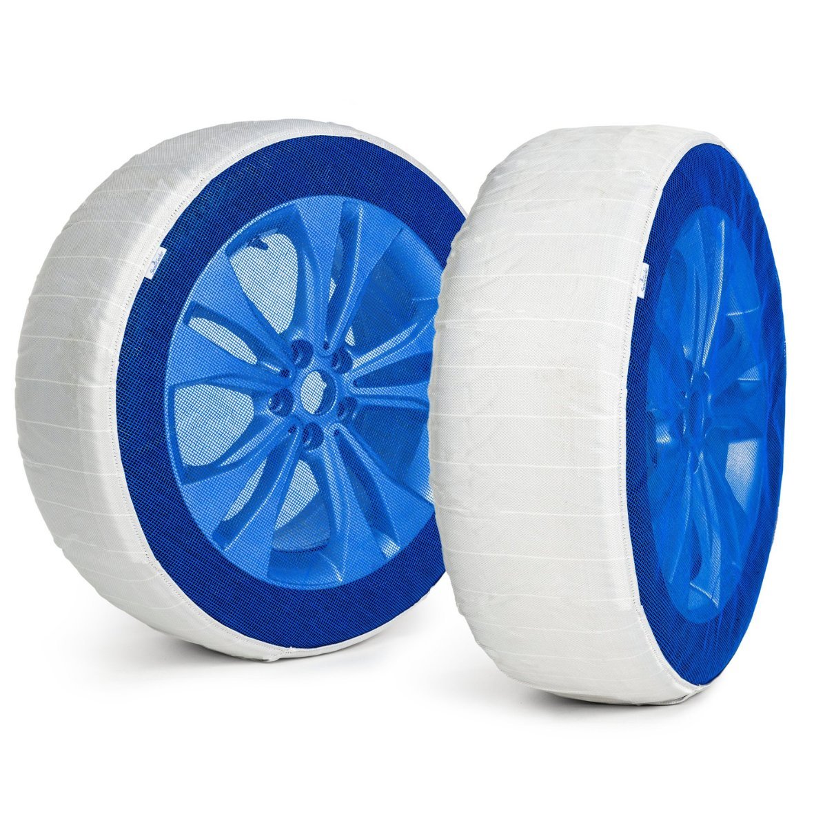 Pair of SnowGecko S Small textile snow chains installed on two wheels in front of white background showing product frontside