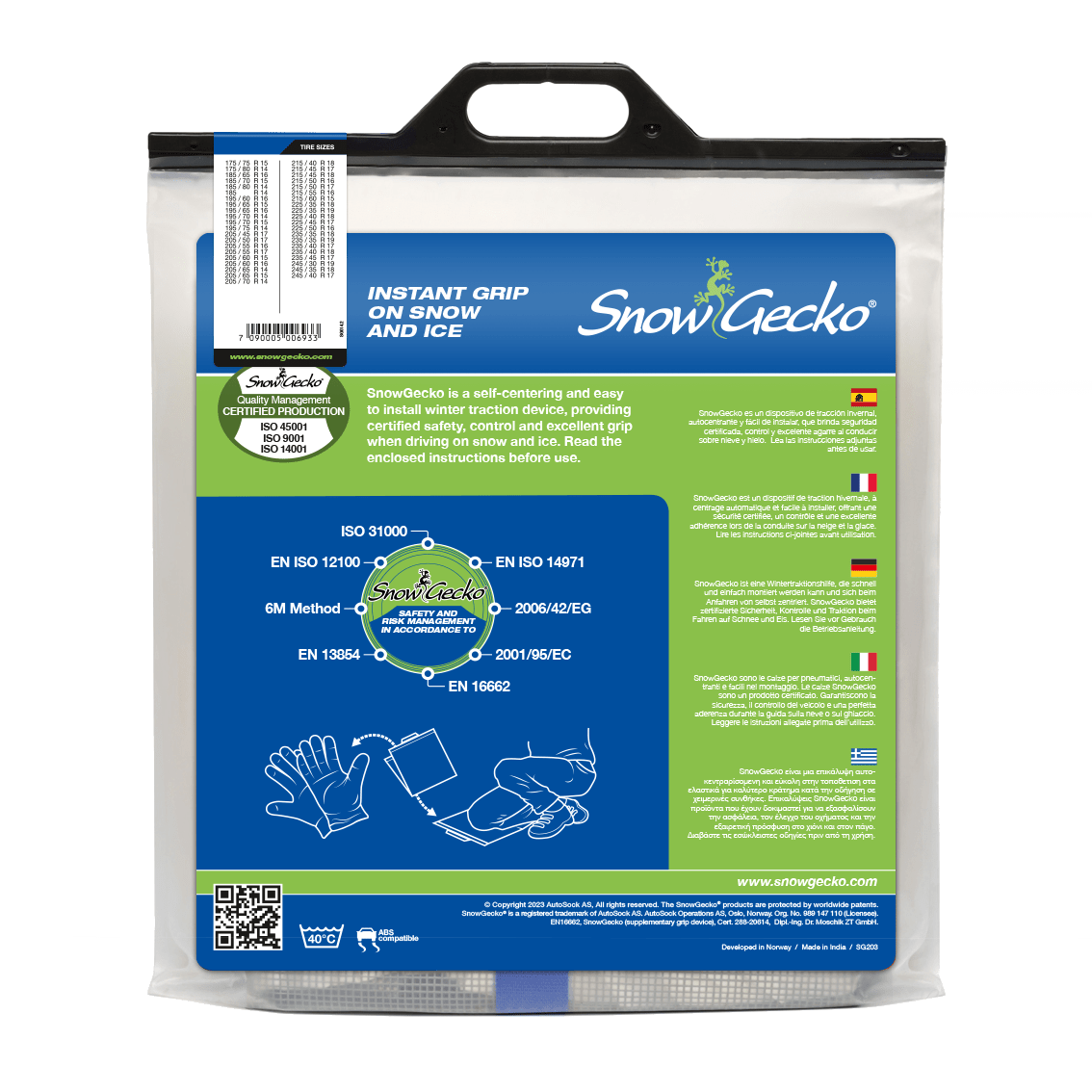 Frontside of SnowGecko L/XL product packaging (bag) back side